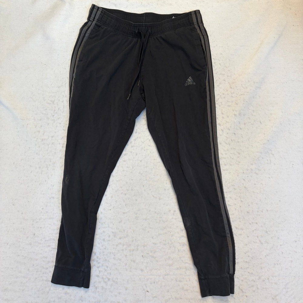 Adidas Jogger Pants Womens L Black 3-Stripe Cotton Blend Drawstring Activewear